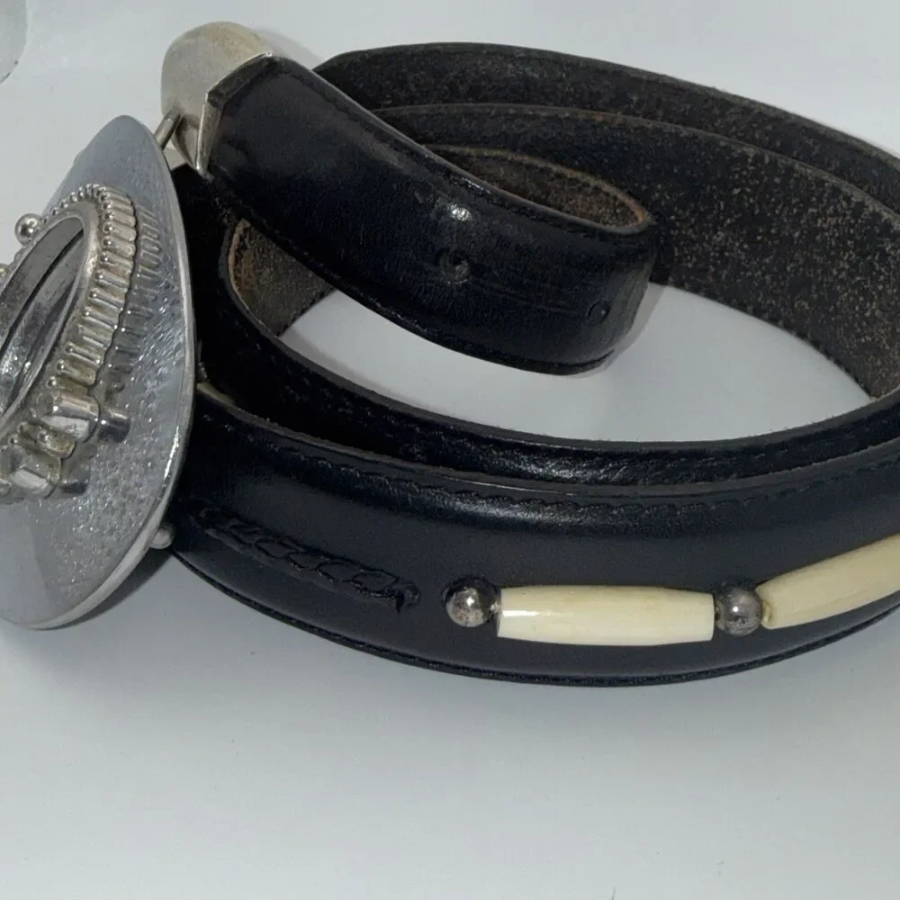Onyx By Brighton Mens Black Beaded Leather Belt Silver Tone Size 36